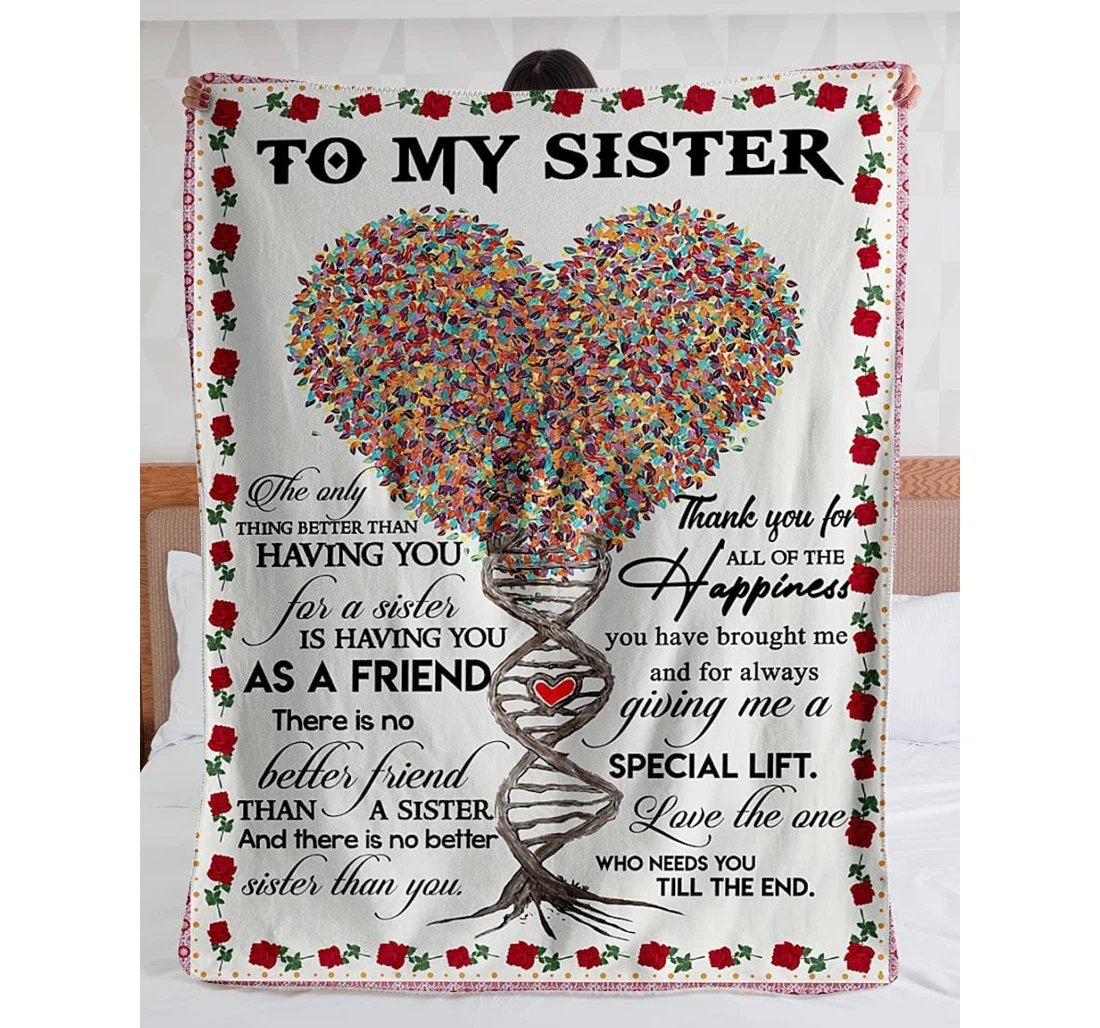 Throw Blanket, Quilt - Personalized Dna Tree Family To Sister Custom Name Rainbow Heart Dna Tree Roses Gifts Bestie Bff Her Women Sherpa Fleece