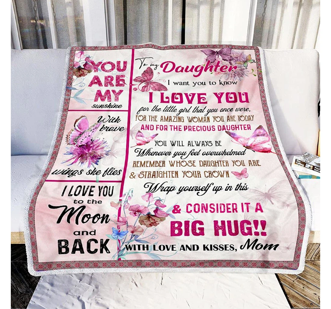 Throw Blanket, Quilt - Personalized Butterfly Daughter From Mom Custom Name Beautiful Pink Butterflies Floral Velvet Room Gifts Baby Girl Sherpa Fleece