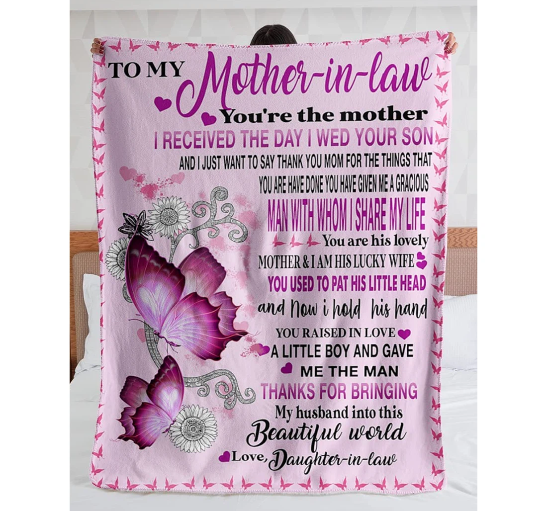 Throw Blanket, Quilt - Personalized Family Mother In Law From Daughter In Law Custom Name Pink Butterfly Sunflower Customized Gifts Wedding Sherpa Fleece