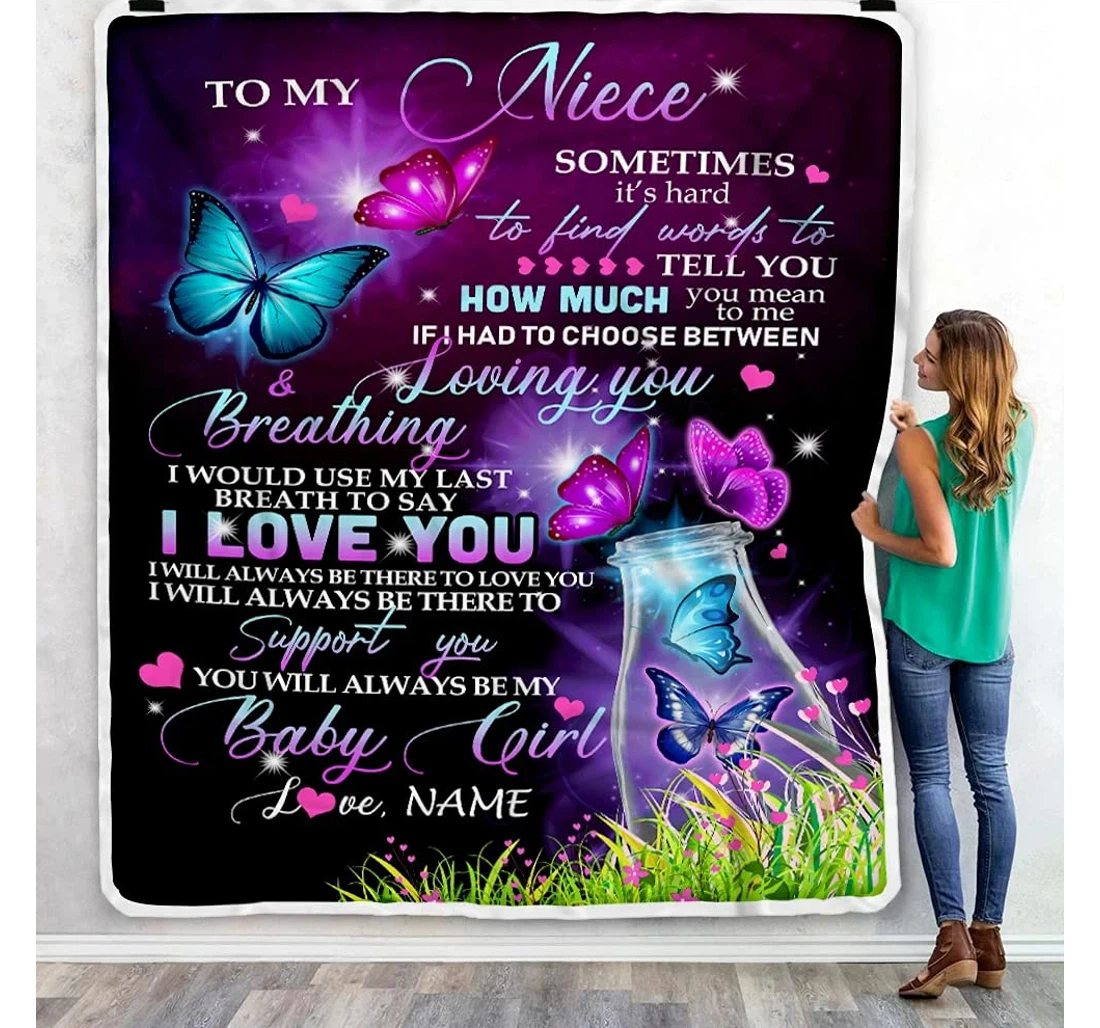 Throw Blanket, Quilt - Personalized To My Niece From Aunt Auntie Customized Beautiful Butterfly In Vase Flower Dark Bedroom Gifts Sherpa Fleece