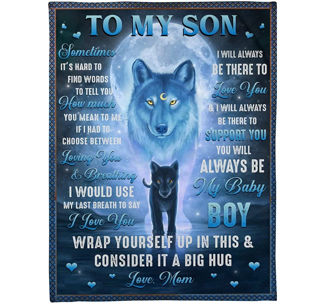 Throw Blanket, Quilt - Personalized Wolf Family To My Son From Dad Customized Name Baby Boy Black Wolf In The Moon Art Gifts Sherpa Fleece