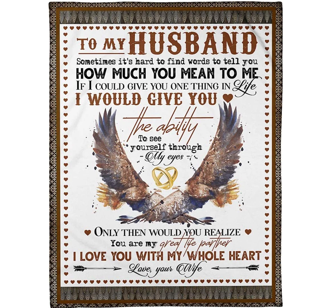 Throw Blanket, Quilt - Personalized Eagle To My Wife From Husband Customized Happiness Eagle Couple Together And Ring Light Weight Bedroom Gifts Valentines Xmas Sherpa Fleece