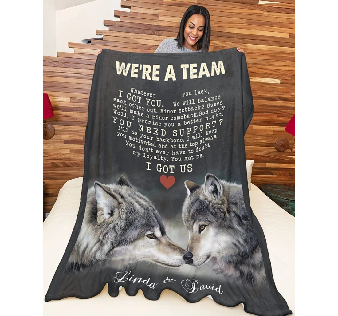 Throw Blanket, Quilt - Personalized Winter Wolf Couple We're A Team Customized Wolf Couple Together Heart Art Light Weight Bedroom Gifts Valentines Sherpa Fleece