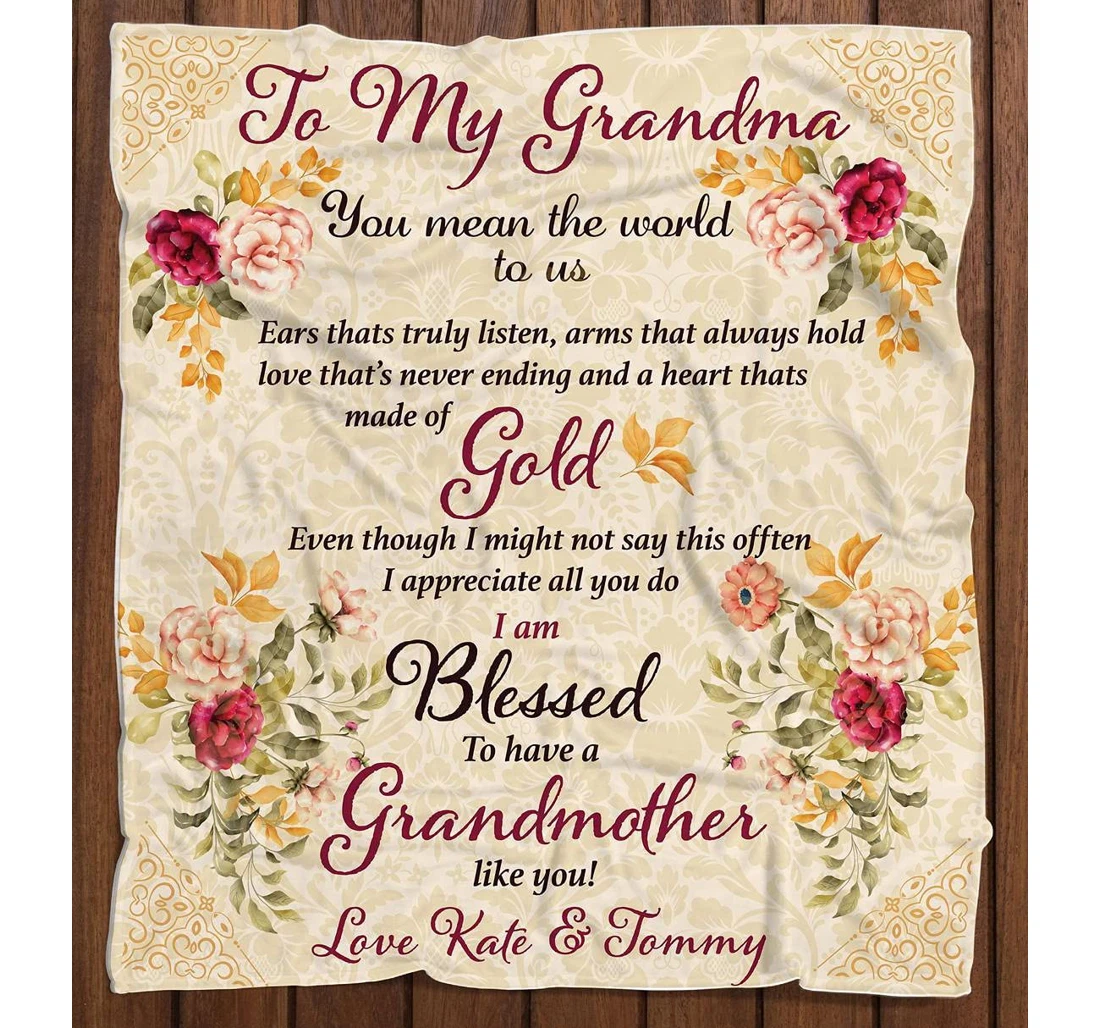 Throw Blanket, Quilt - Personalized Family To My Grandma From Granddaughter Grandson Custom Name Rustic Floral Gifts Grandmother Sherpa Fleece