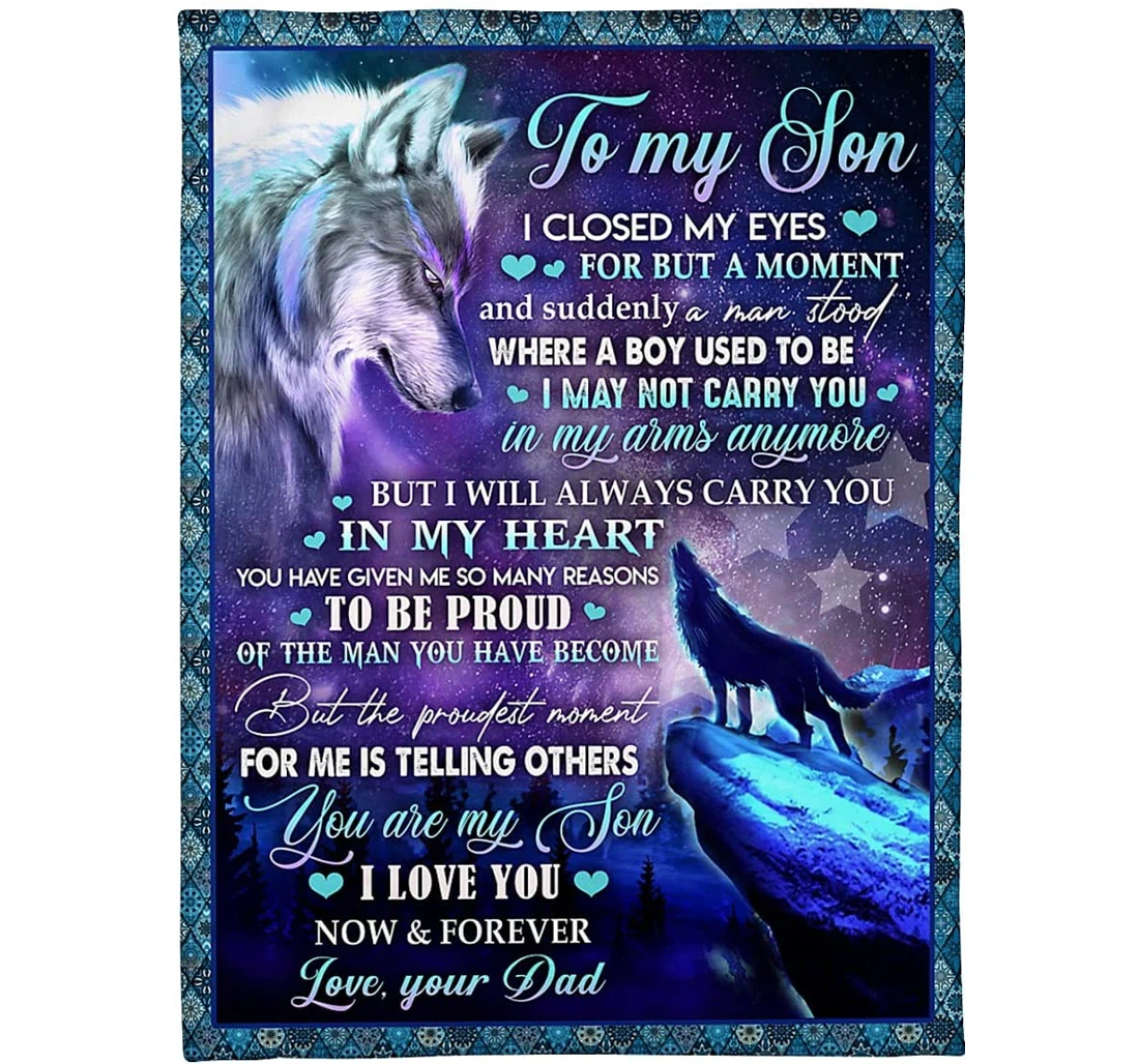 Throw Blanket, Quilt - Personalized To My Son Wolf From Dad Daddy Customized Baby Wolf Howling In The Mountain Art Light Weight Bedroom Gifts Sherpa Fleece