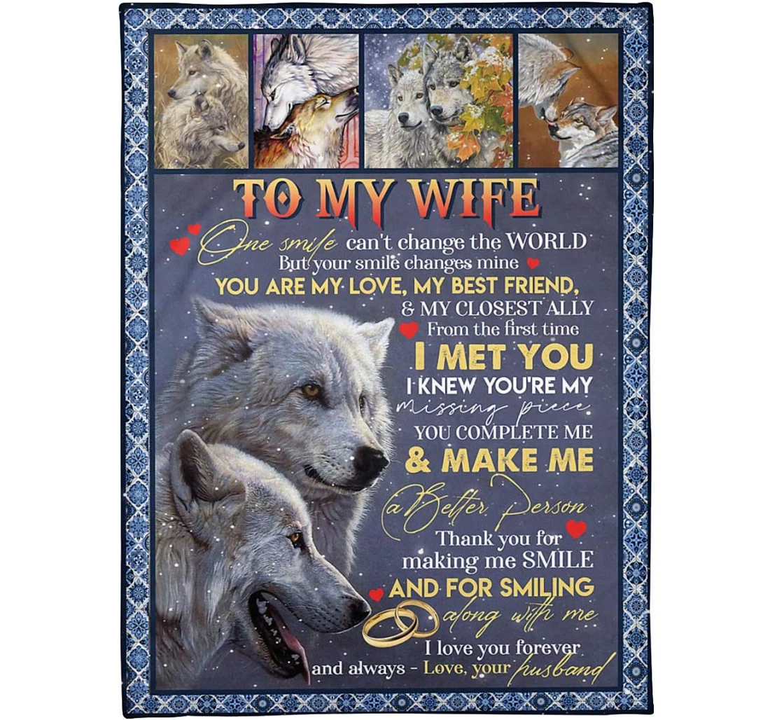 Throw Blanket, Quilt - Personalized To My Wife Wolf From Husband Customized Cute Wolf Couple Winter Snow Heart Light Weight Bedroom Gifts Valentines Xmas Sherpa Fleece