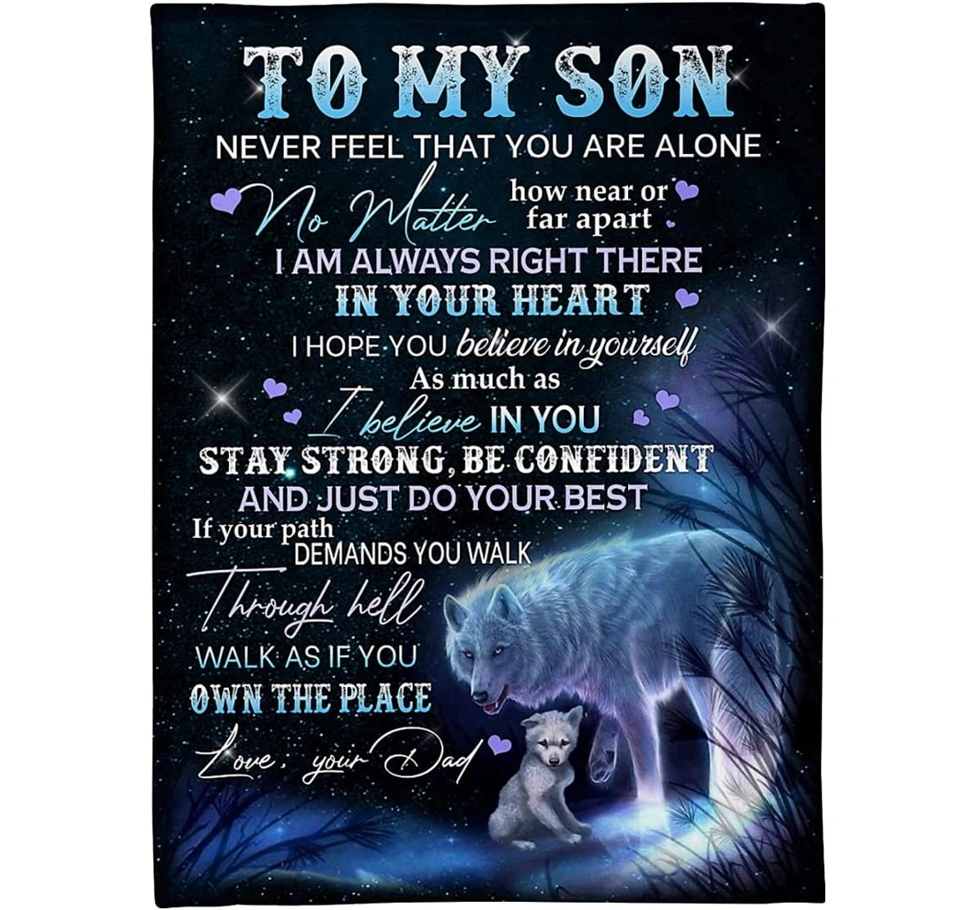 Throw Blanket, Quilt - Personalized Family Wolf To My Son From Dad Customized White Mother And Baby Wolf In The Moon Art Light Weight Bedroom Gifts Sherpa Fleece