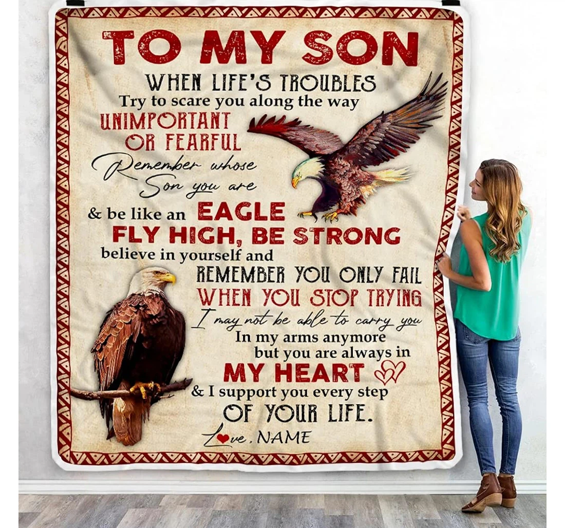 Throw Blanket, Quilt - Personalized To My Son Eagle Beloved Boy From Dad And Mom Customized Braver Eagle Flying In The Storm Warmth Bedroom Gifts Sherpa Fleece