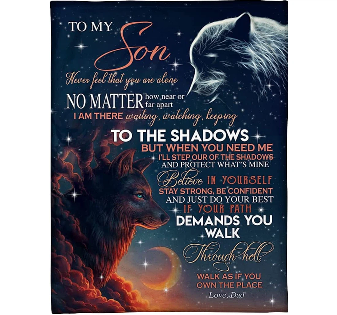 Throw Blanket, Quilt - Personalized Wolf To My Son From Dad Đaddy Customized Father And Baby Wolf Night Sky Art Light Weight Bedroom Gifts Xmas Sherpa Fleece