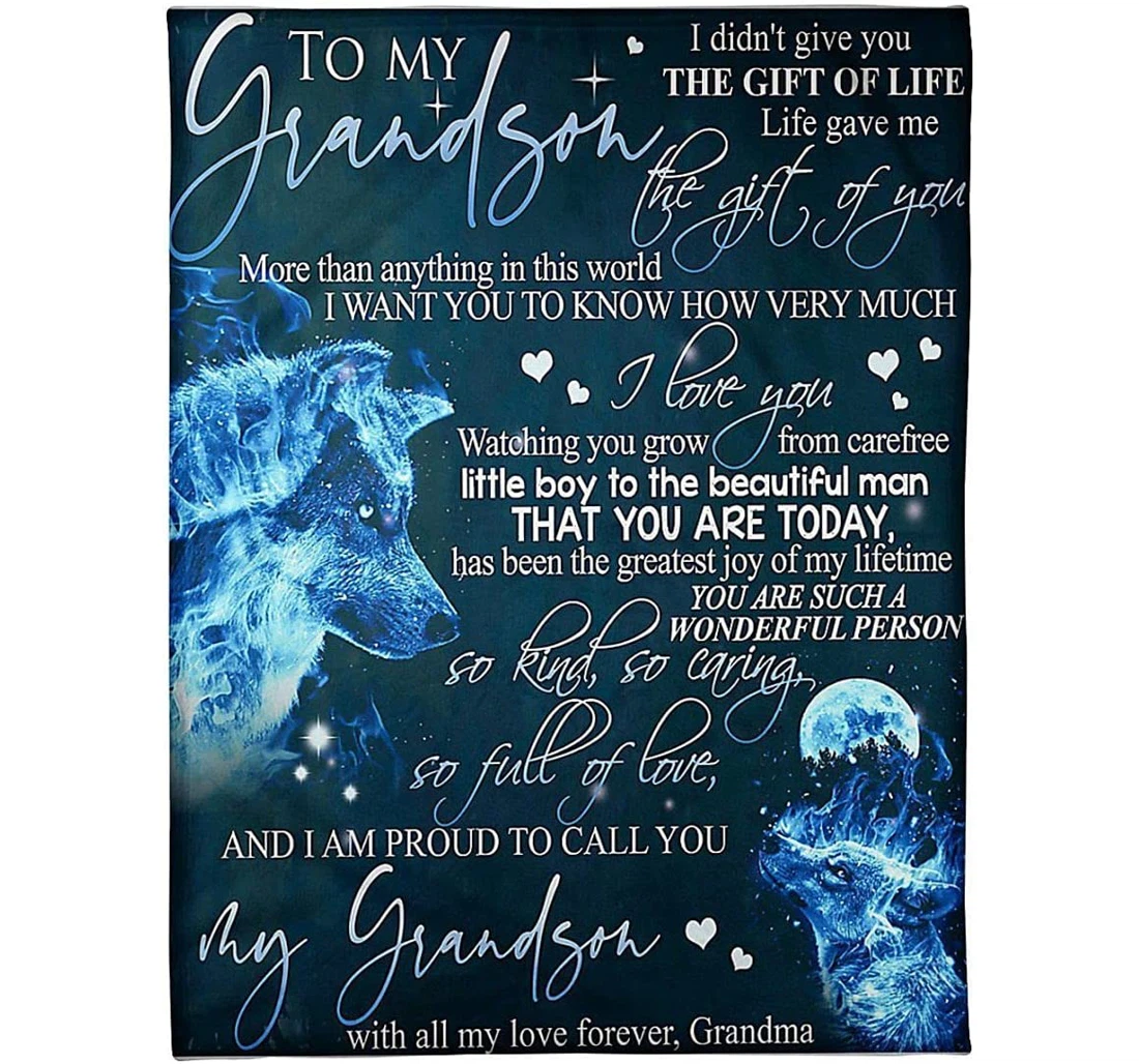 Throw Blanket, Quilt - Personalized To My Grandson Wolf From Grandma Customized Cool Fire Wolves In The Night Sky Premium Gifts Sherpa Fleece