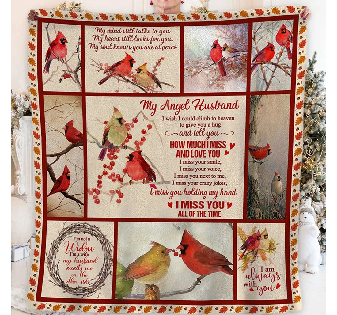 Throw Blanket, Quilt - Personalized Memorial To Angel Husband Form Wife I Miss You All Of The Time Cardinal Couple On The Tree Gifts Widow Wife Commemorate Xmas Sherpa Fleece