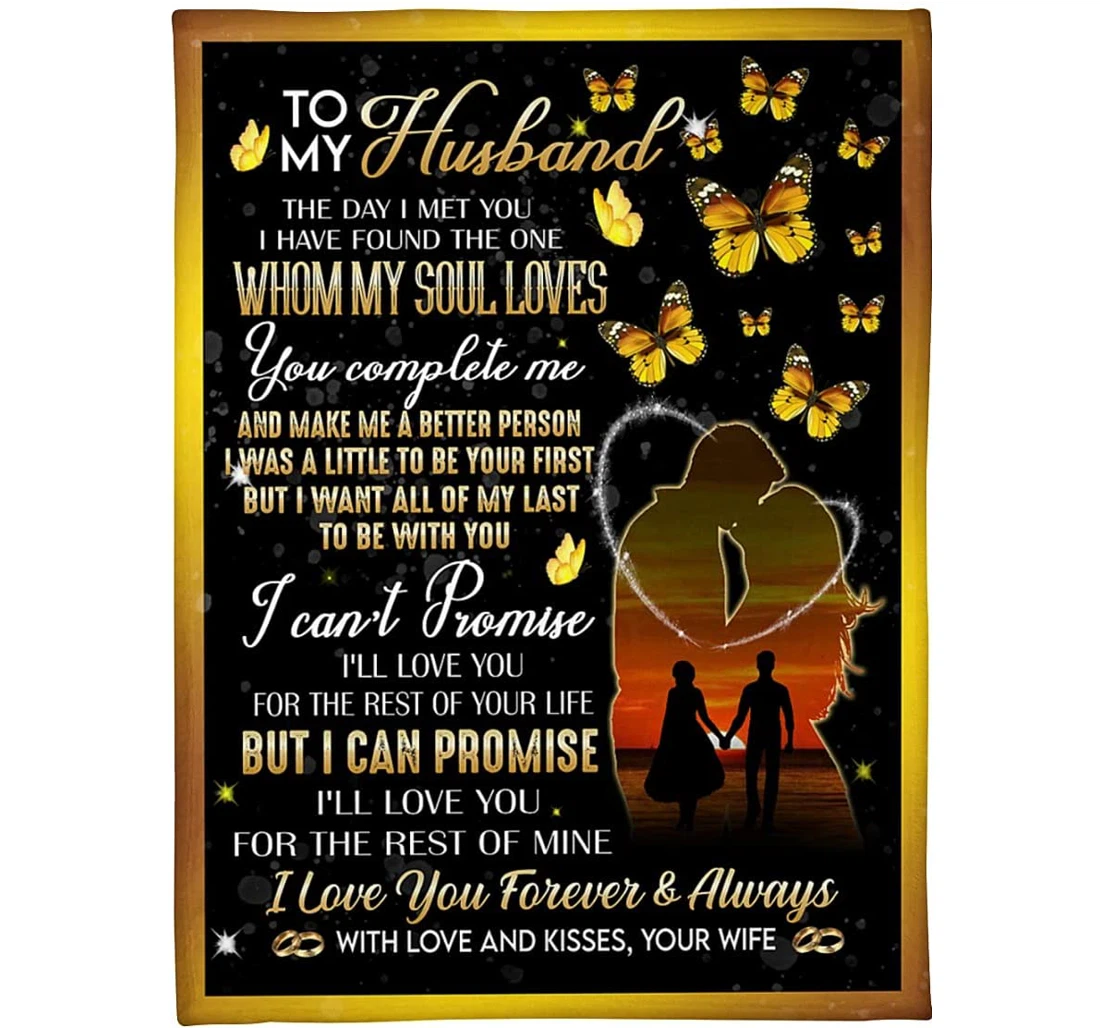 Throw Blanket, Quilt - Personalized To My Husband From Wife Customized Yellow Butterfly Happiness Couple Bedroom Gifts Valentines Sherpa Fleece