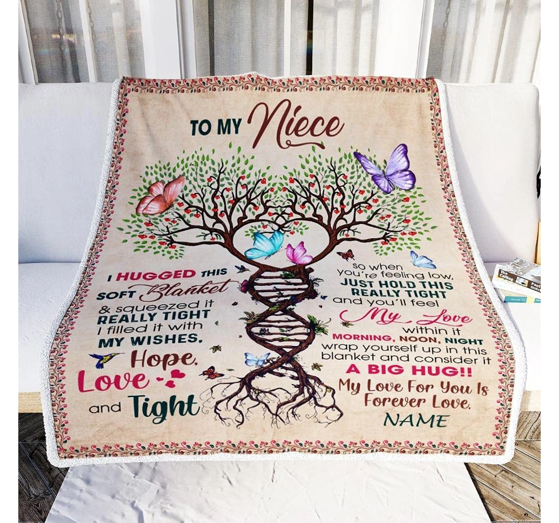 Throw Blanket, Quilt - Personalized To My Niece Dna Tree Baby Girl From Aunt Auntie Customized Beautiful Butterfly Flying Plant Bedroom Gifts Sherpa Fleece