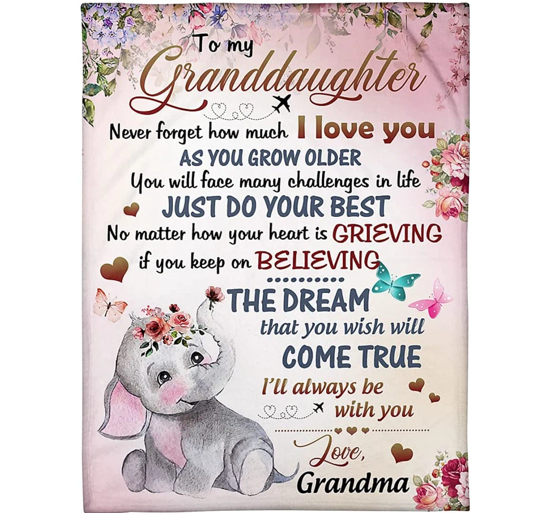 Throw Blanket, Quilt - Personalized To My Granddaughter Elephant Baby Girl From Grandma Customized Elephant Wearing Flower Gifts Sherpa Fleece