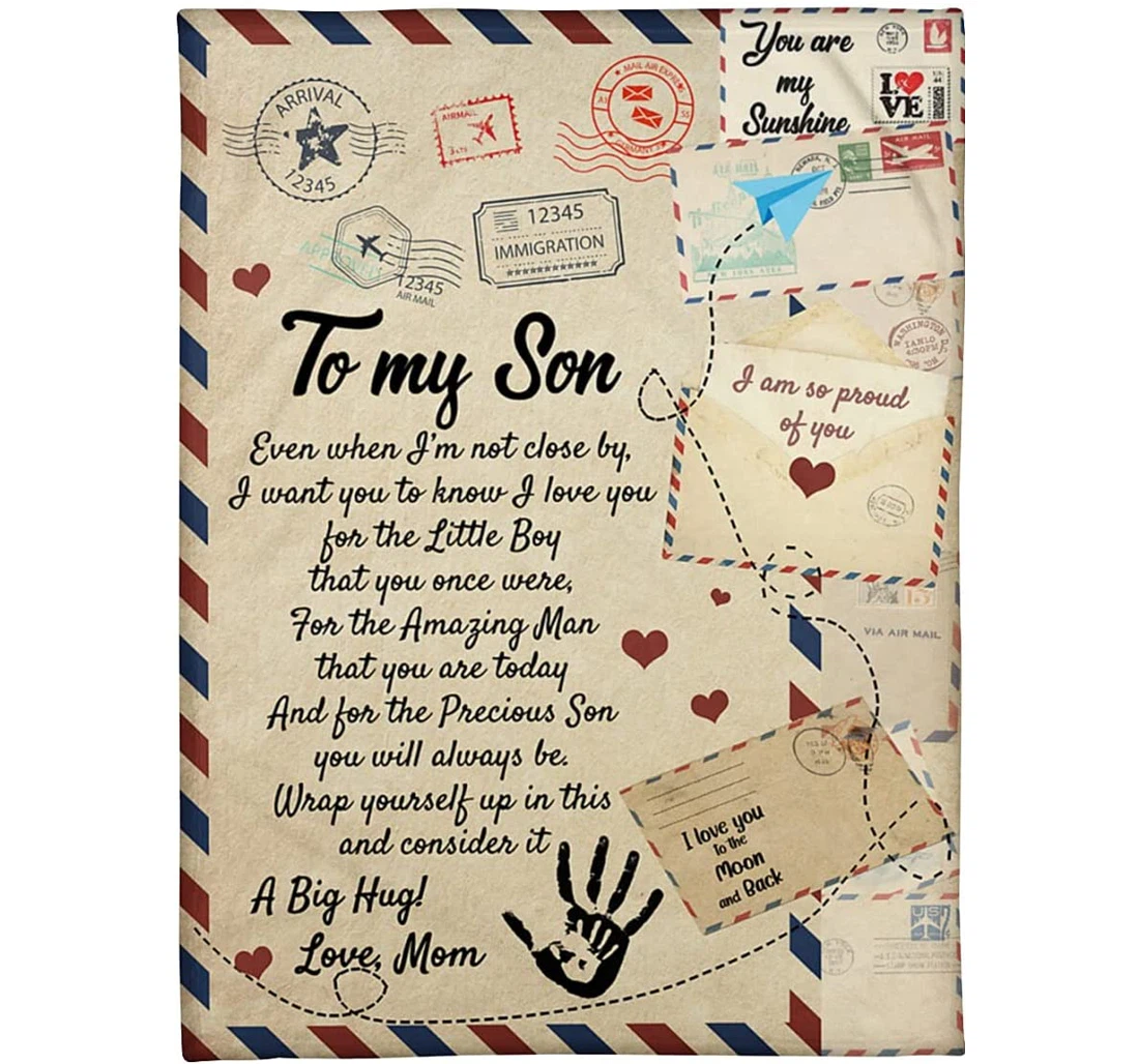 Throw Blanket, Quilt - Personalized Family Letter To My Son From Mom Custom Name Paper Plane Hand Letters Stamps Art Bedding Gifts Sherpa Fleece