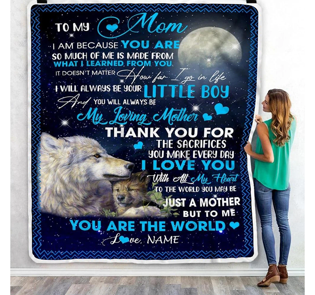 Throw Blanket, Quilt - Personalized To My Mom Wolf From Daughter Son Customized Mother And Baby Wolf In The Moon Gifts Sherpa Fleece