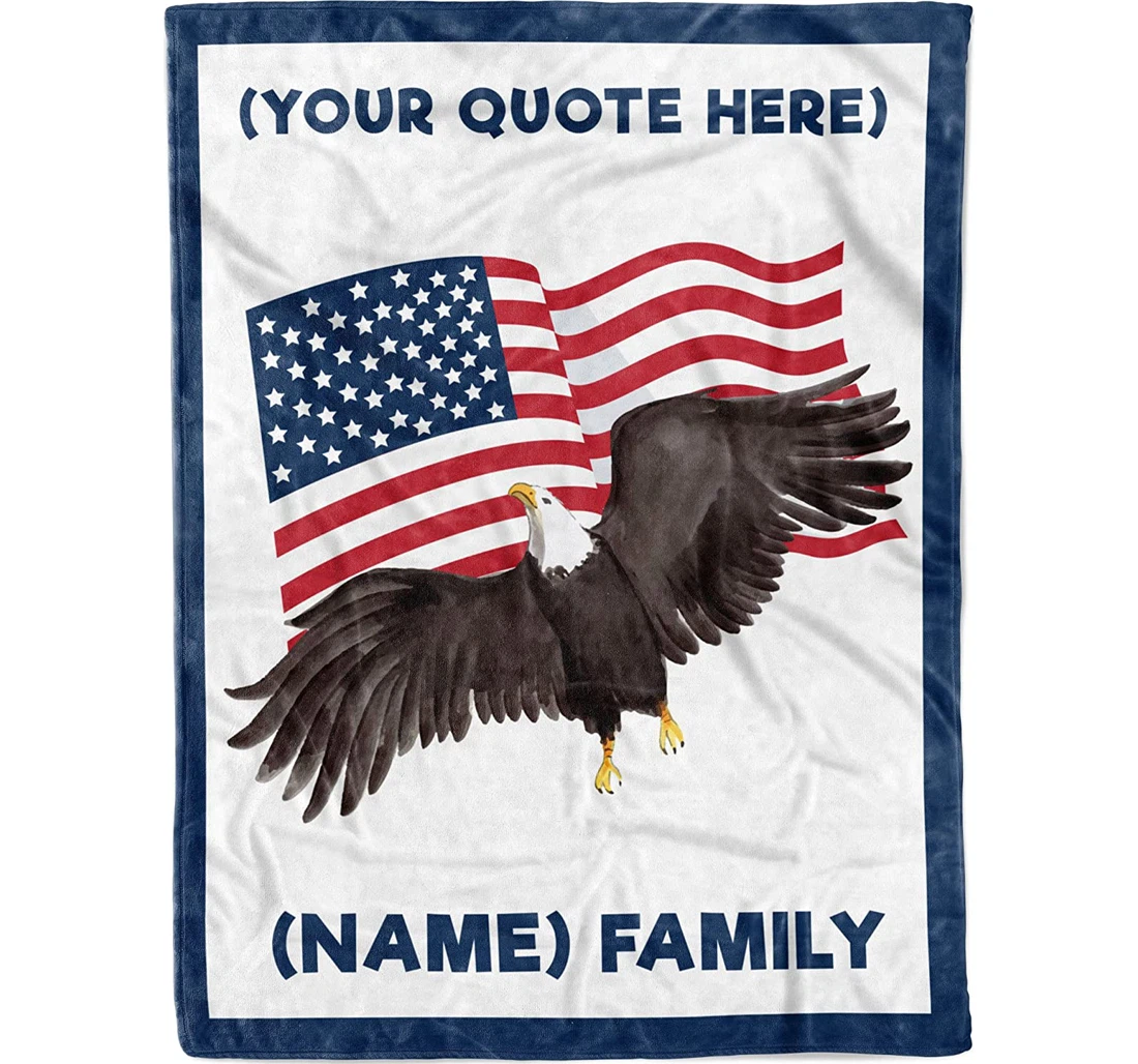Throw Blanket, Quilt - Personalized American Flag With Family Name Dad Grandpa Customized Patriotic With Quotes Mom Grandma Unique Personalized Memorial Day Decoration Sherpa Fleece