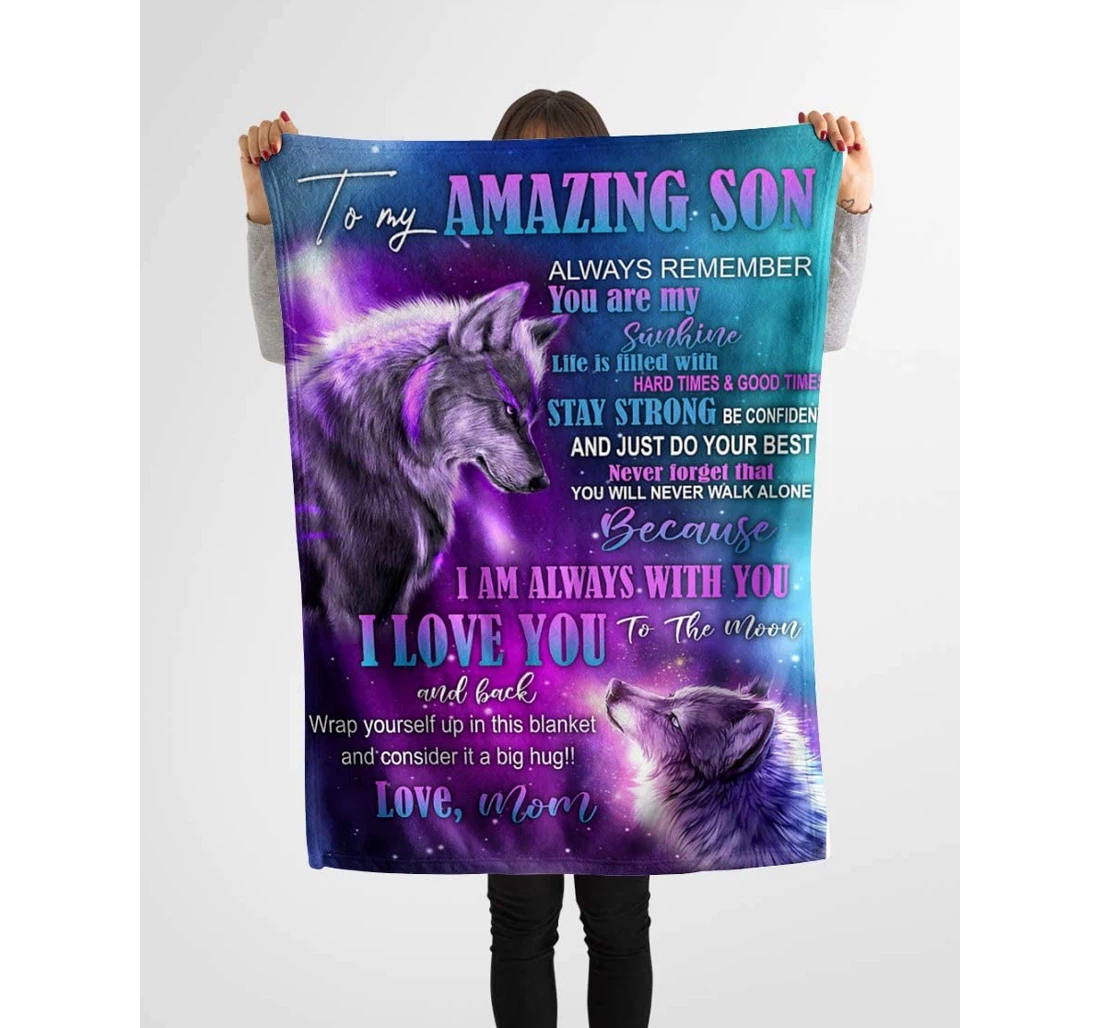 Throw Blanket, Quilt - Personalized To My Amazing Son Wolf From Mom Customized Mother And Baby Wolf Galaxy Art Bedroom Gifts Sherpa Fleece