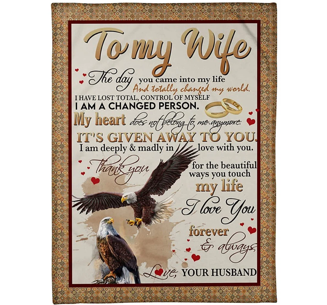 Throw Blanket, Quilt - Personalized Eagle To My Gorgeous Wife From Husband Customized Beautiful Eagle Couple Ring Flying Light Weight Bedroom Gifts Valentines Sherpa Fleece