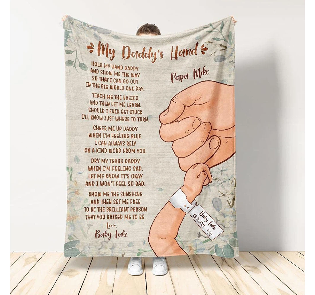 Throw Blanket, Quilt - Made In Usa My Daddy's Hand Father's Day Presents Grandpa Sherpa Fleece