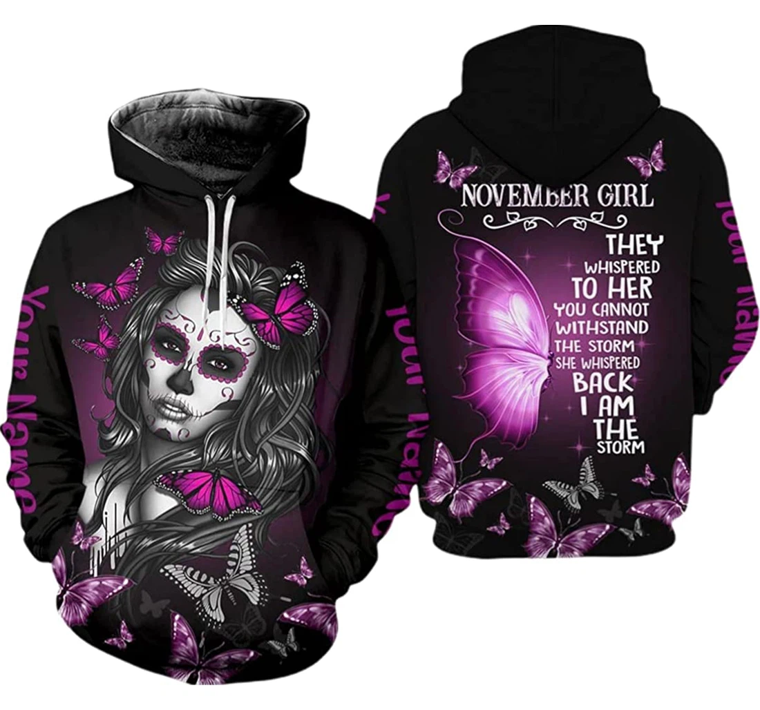 Personalized Name November Girl Butterfly Tattoo Girl I Am The Storm - 3D Printed Pullover Hoodie