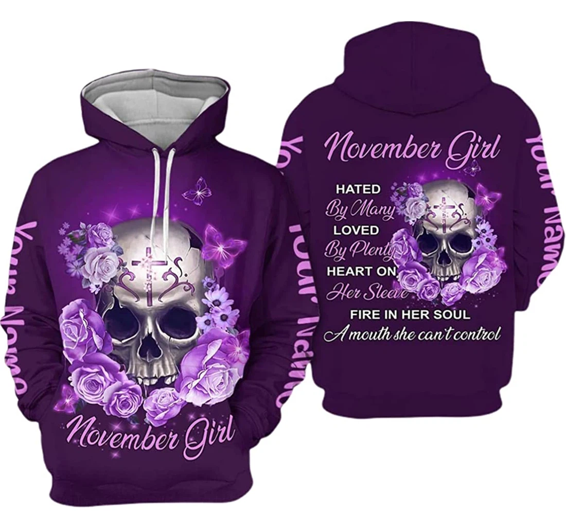 Personalized Name November Girl Skull Purple Rose Hated By Many Loved By Plenty - 3D Printed Pullover Hoodie