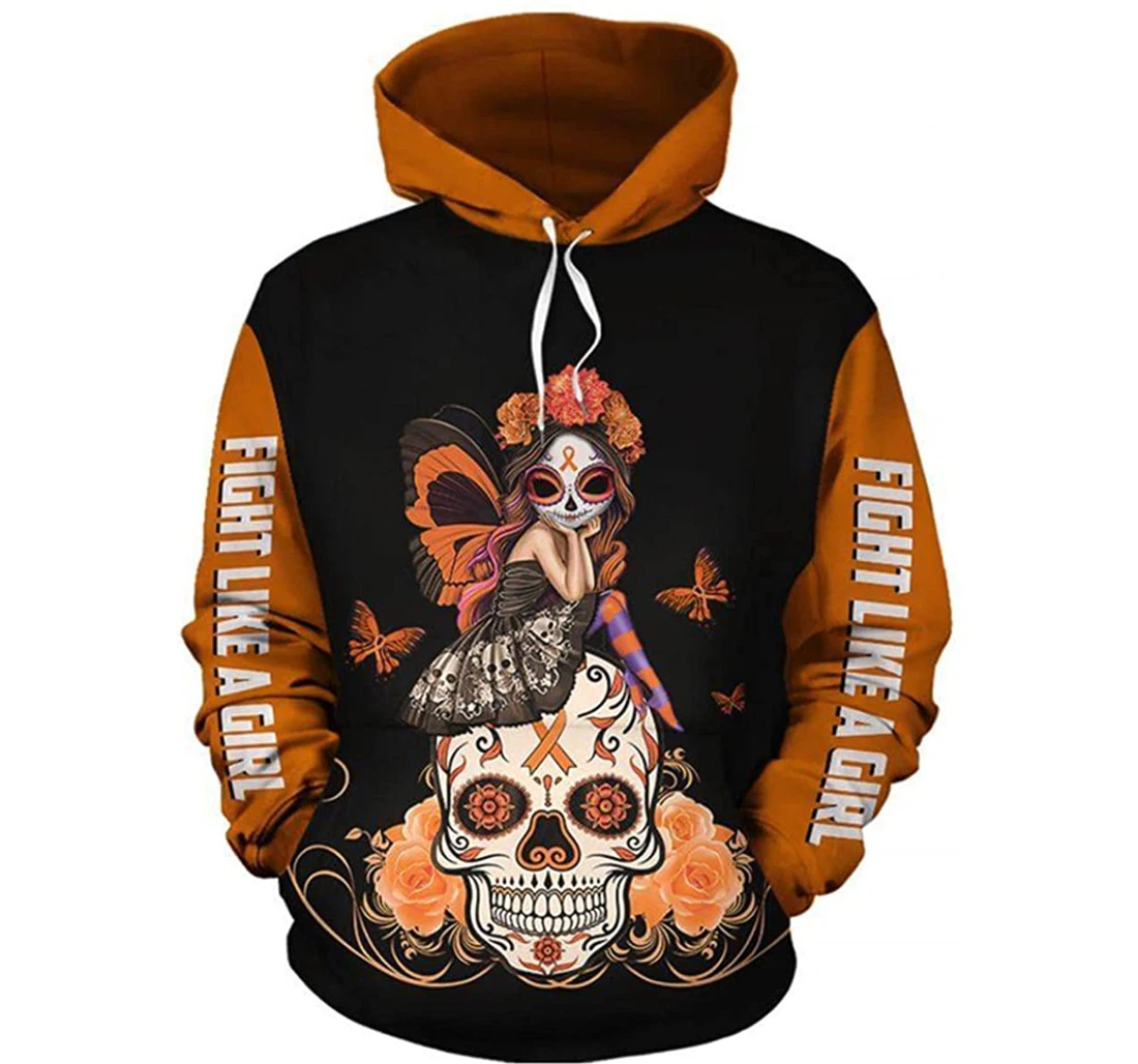 Skull Girl Cancer Awareness Orange Ribbon - 3D Printed Pullover Hoodie