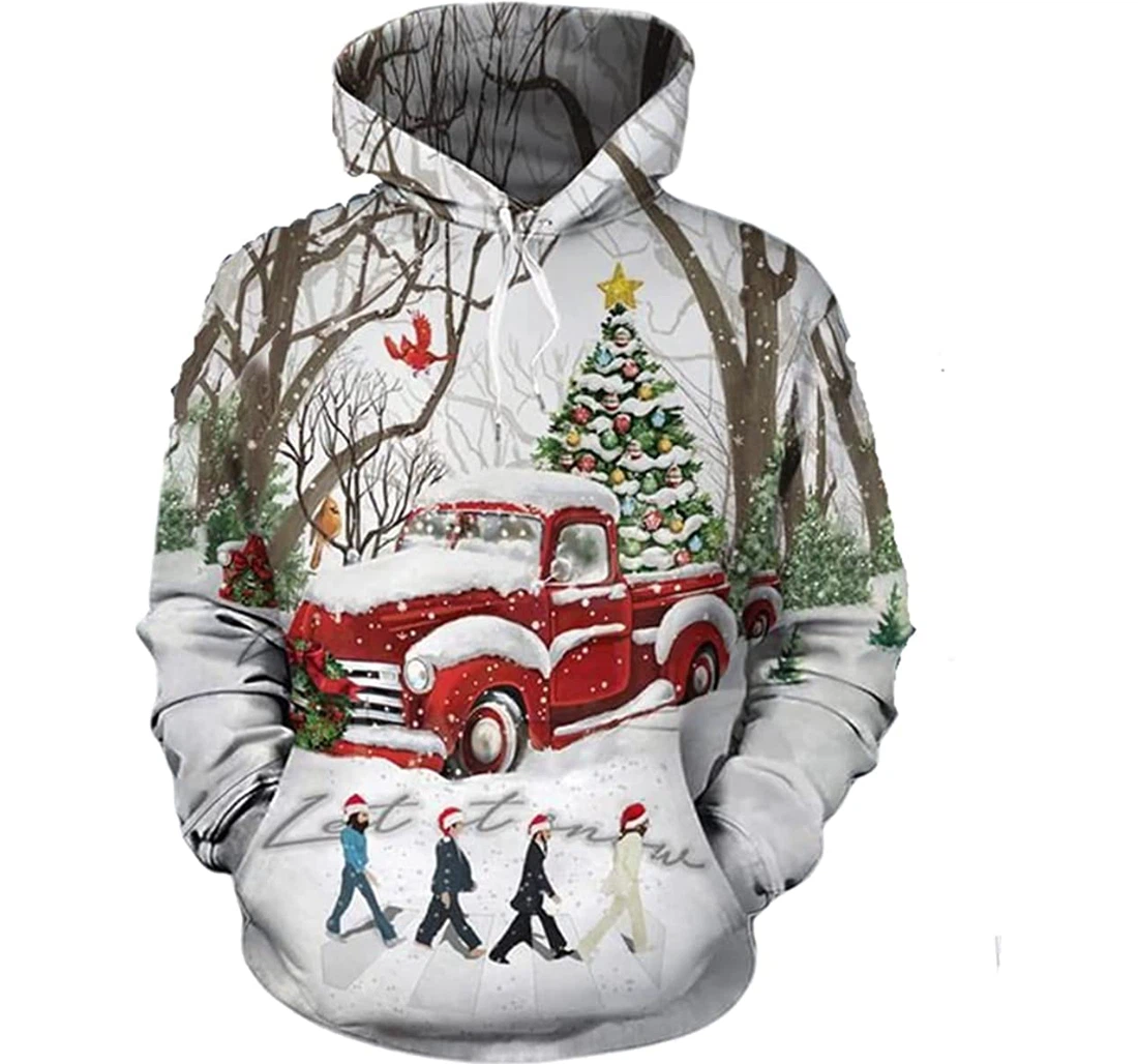 People Walks Snow Red Truck Christmas - 3D Printed Pullover Hoodie