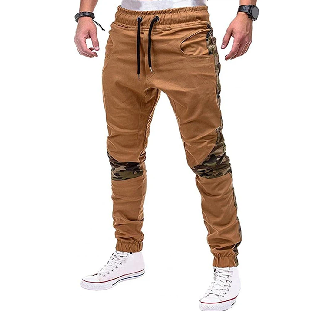 Zipper Pocket Casual Camouflage Patchwork Skinny Ankle Tied Trousers-khaki_l Sweatpants, Joggers Pants With Drawstring For Men, Women