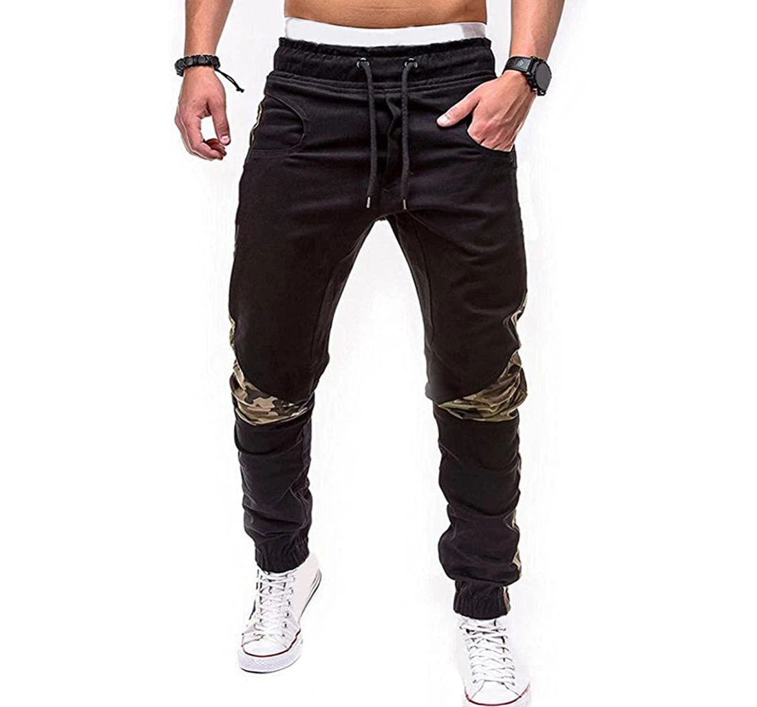 Zipper Pocket Casual Camouflage Patchwork Skinny Ankle Tied Trousers-black_l Sweatpants, Joggers Pants With Drawstring For Men, Women