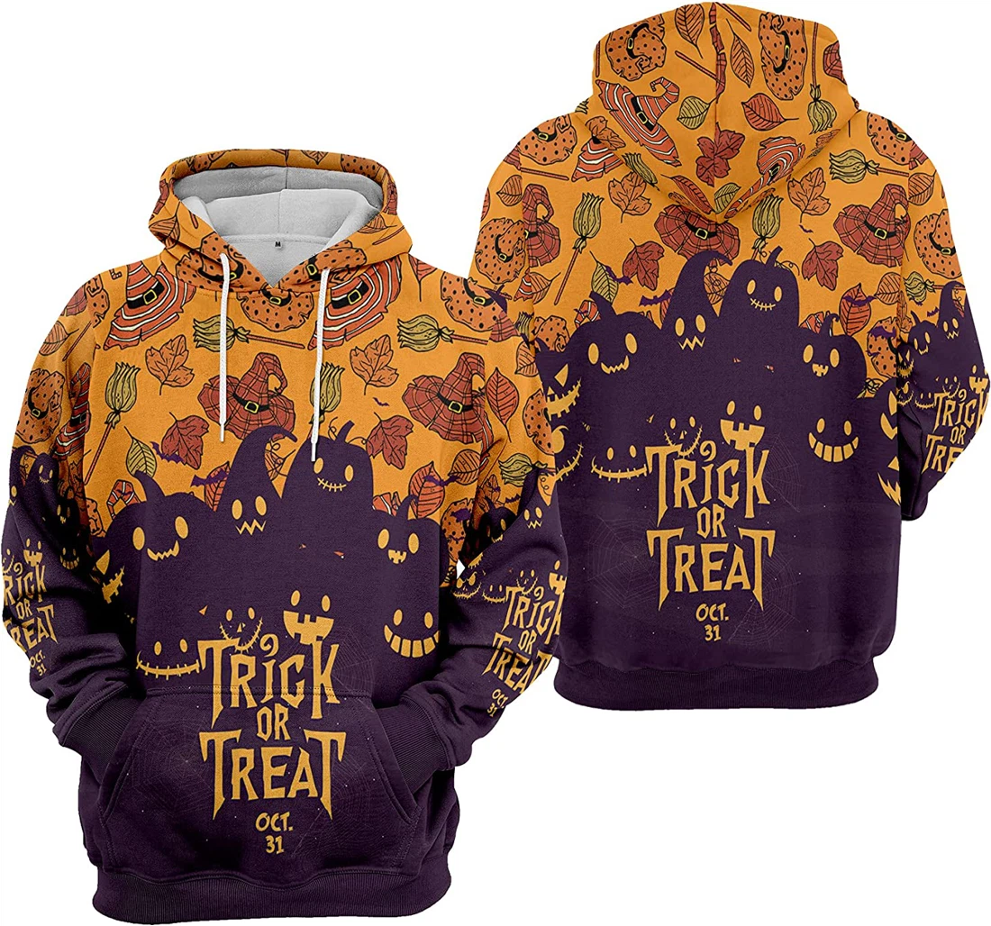 Trick Or Treat Oct Pumpkin Bat Cobweb Cat Seamless Pattern Halloween - 3D Printed Pullover Hoodie