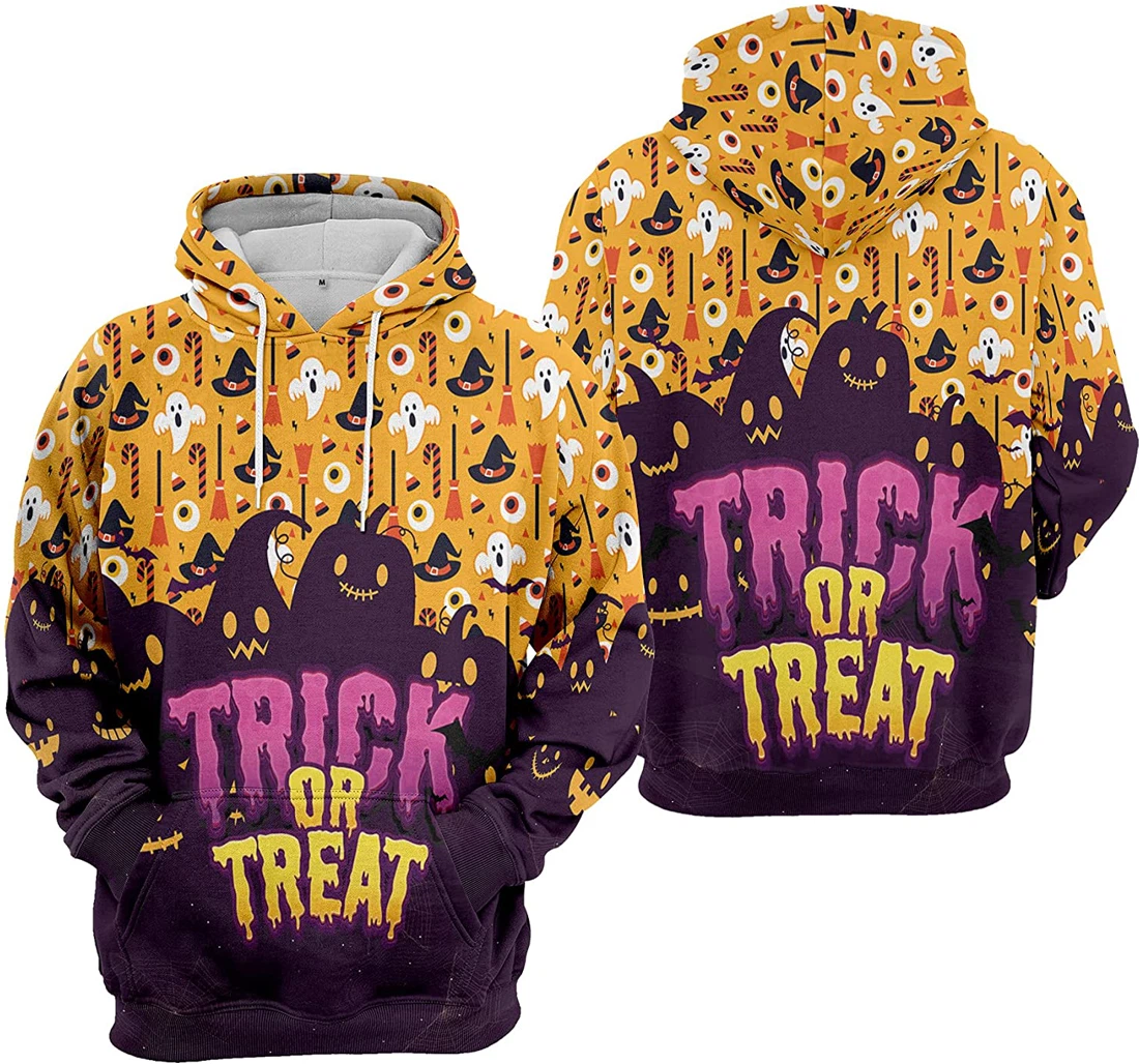 Pumpkin Trick Or Treat Cat Bat Cobweb Seamless Pattern Halloween - 3D Printed Pullover Hoodie