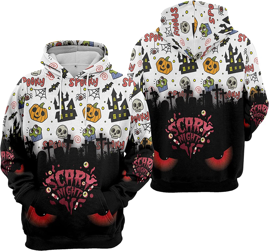 Scary Night Devil Eyes Cemetery Bat Cat Pumpkin Seamless Pattern Halloween - 3D Printed Pullover Hoodie