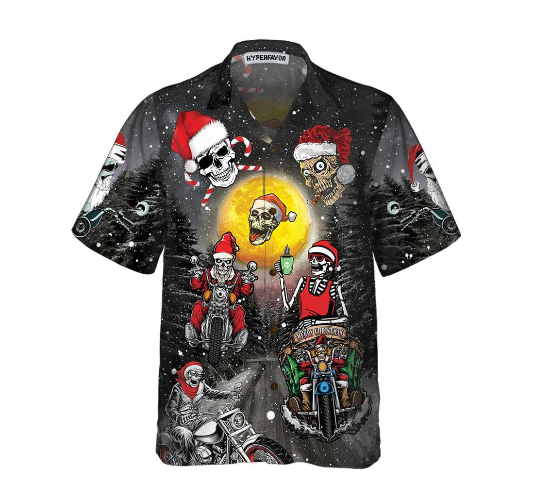 Personalized Santa Skeleton Merry Christmas Funny Motorcycle Skull Biker Christmas Gift Christmas Hawaiian Shirt, Button Up Aloha Shirt For Men, Women