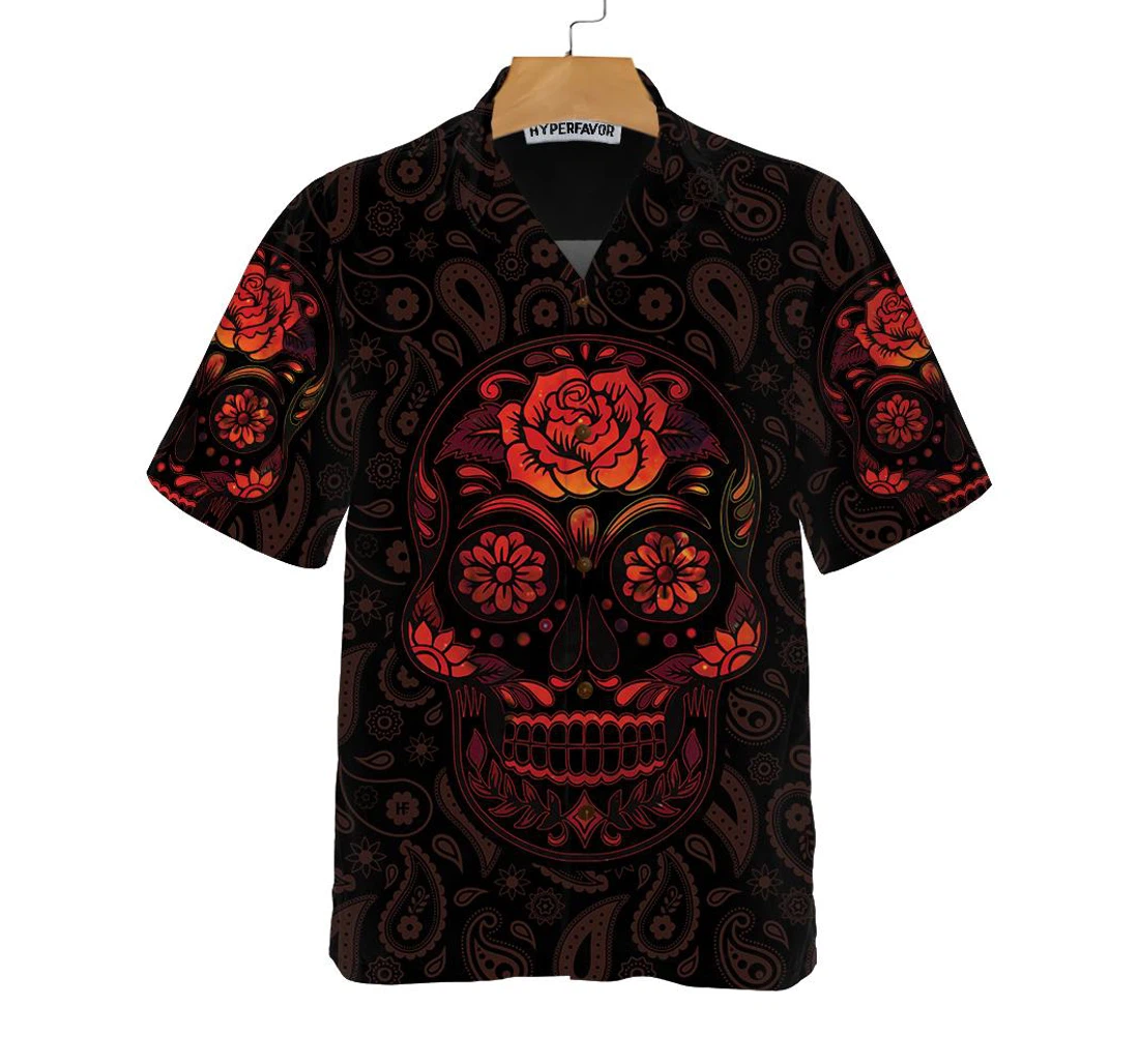 Personalized Red Mexican Sugar Skull Day Of The Dead Skull Hawaiian Shirt, Button Up Aloha Shirt For Men, Women