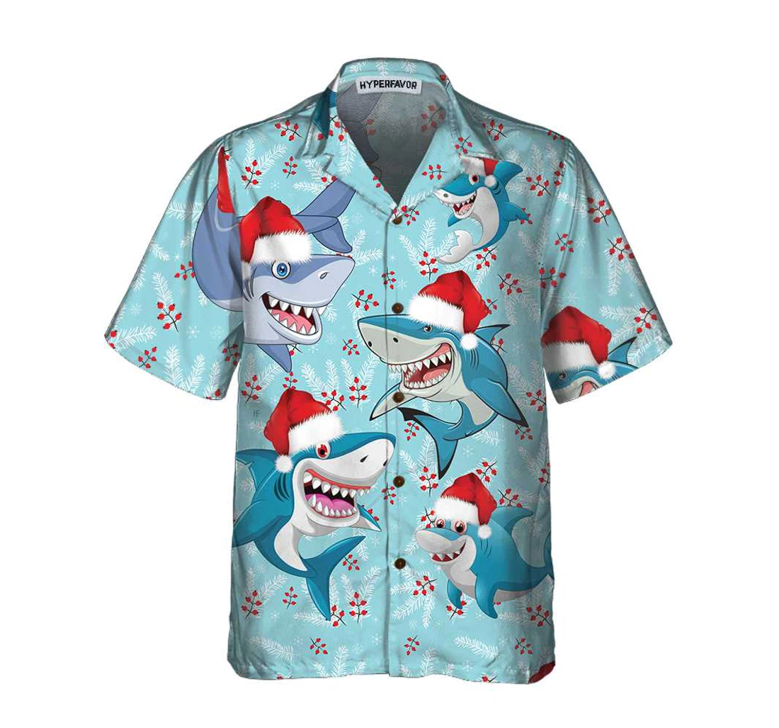 Personalized Merry Christmas Shark Santa Hat Christmas Funny Shark Christmas Day Hawaiian Shirt, Button Up Aloha Shirt For Men, Women