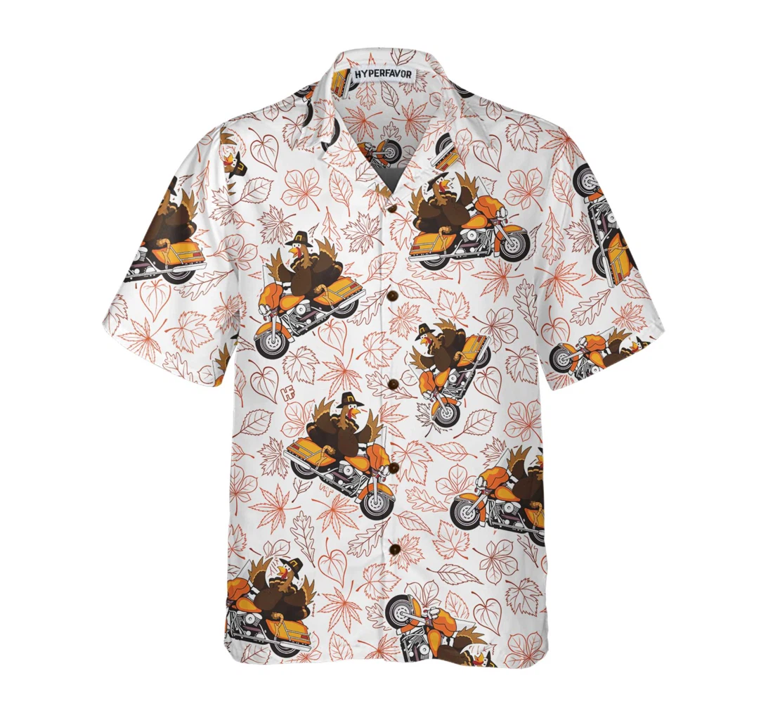 Personalized Thanksgiving Turkey Riding Motorcycle Thanksgiving Funny Turkey Gift Thanksgiving Hawaiian Shirt, Button Up Aloha Shirt For Men, Women