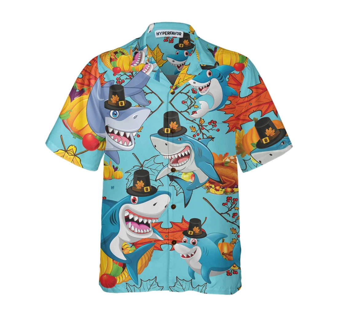 Personalized Thanksgiving Sharks Wearing Pilgrim Hat Funny Thanksgiving Gift Thanksgiving Day Hawaiian Shirt, Button Up Aloha Shirt For Men, Women