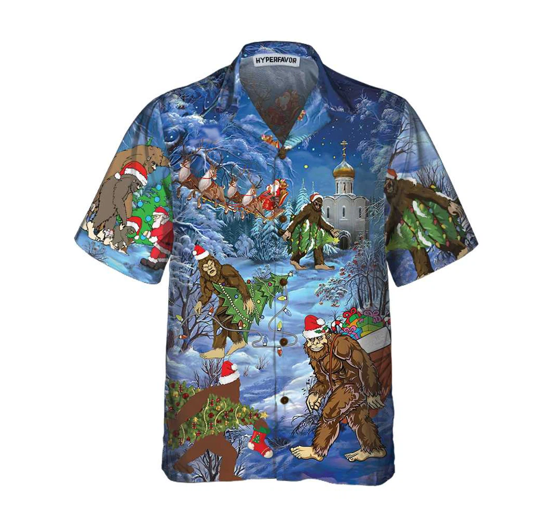 Personalized Christmas Bigfoot Sasquatch Christmas Best Gift Christmas Hawaiian Shirt, Button Up Aloha Shirt For Men, Women