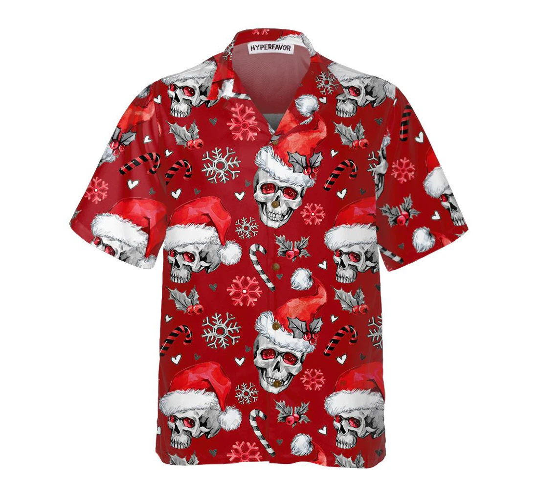 Personalized Christmas Skulls With Candy Canes Red Version Christmas Skull Christmas Hawaiian Shirt, Button Up Aloha Shirt For Men, Women