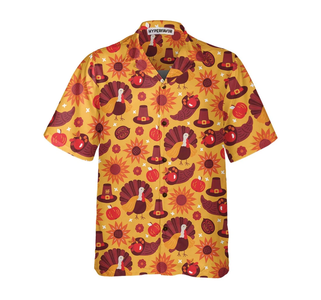 Personalized Thanksgiving Day Pattern Turkey Pumpkin Hat Thanksgiving Gobble Gift Thanksgiving Day Hawaiian Shirt, Button Up Aloha Shirt For Men, Women