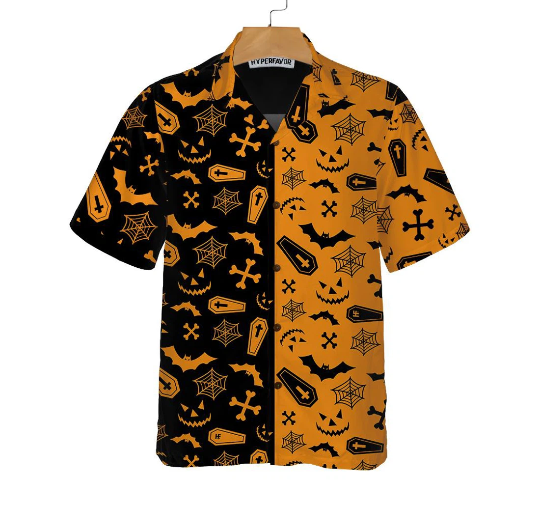 Personalized Black And Orange Spooky Halloween Halloween Seamless Pattern Best Halloween Gift Ideas Hawaiian Shirt, Button Up Aloha Shirt For Men, Women