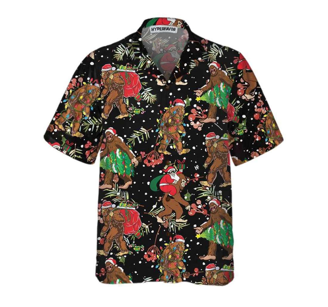 Personalized Bigfoot Santa Claus With Christmas Pattern Funny Christmas Bigfoot Gift Christmas Hawaiian Shirt, Button Up Aloha Shirt For Men, Women