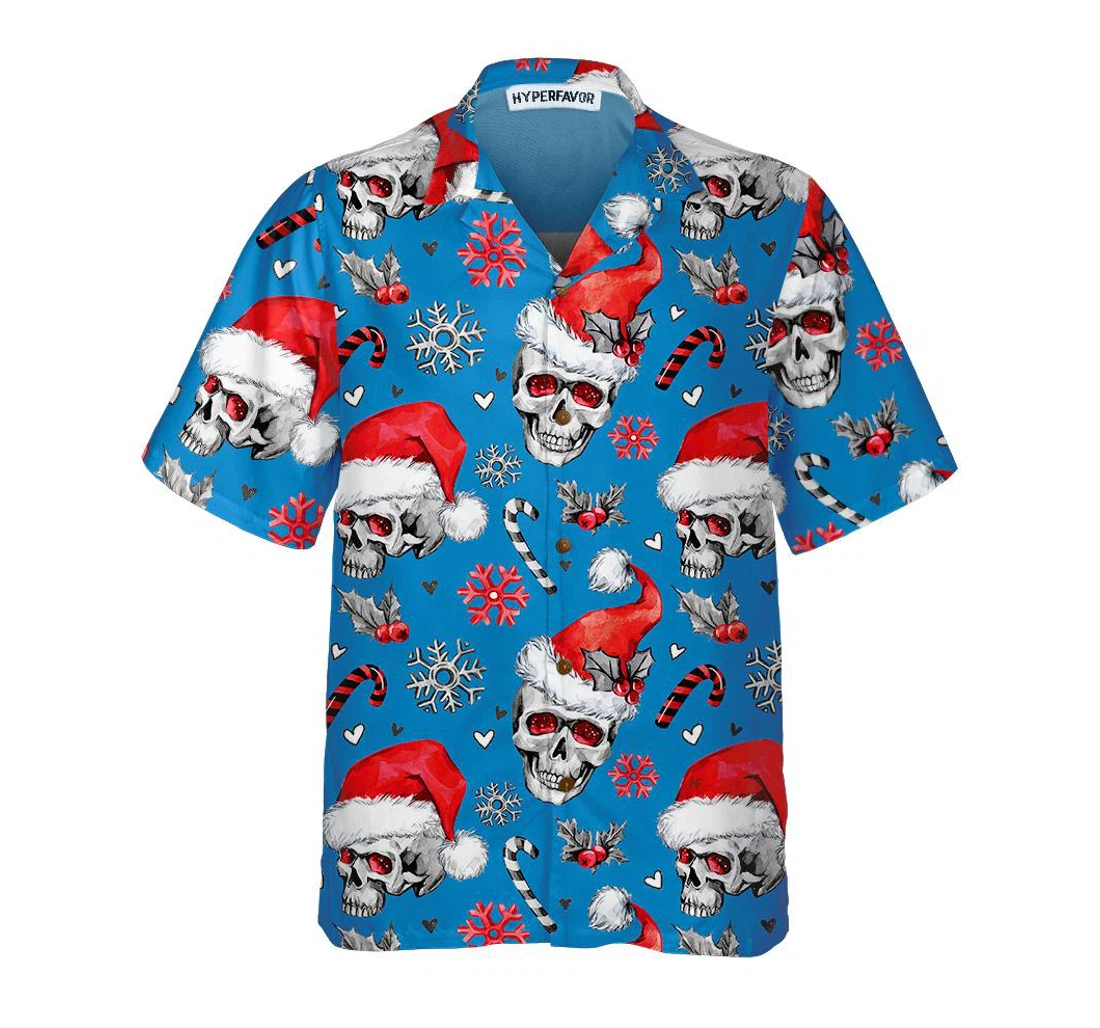 Personalized Christmas Skulls With Candy Canes Blue Version Christmas Skull Christmas Hawaiian Shirt, Button Up Aloha Shirt For Men, Women