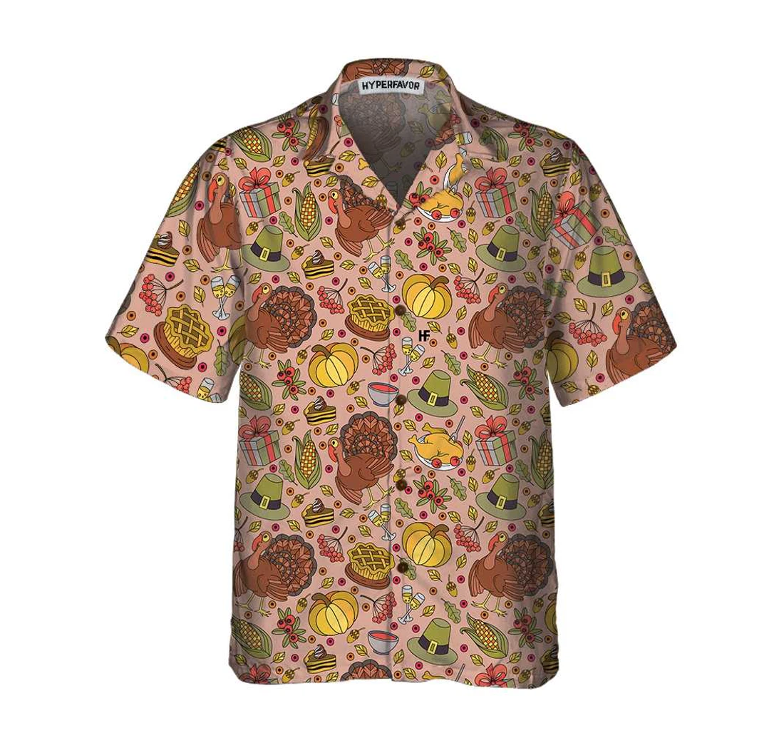 Personalized Hand-drawn Thanksgiving Food And Drinks Funny Thanksgiving Gift Thanksgiving Day Hawaiian Shirt, Button Up Aloha Shirt For Men, Women
