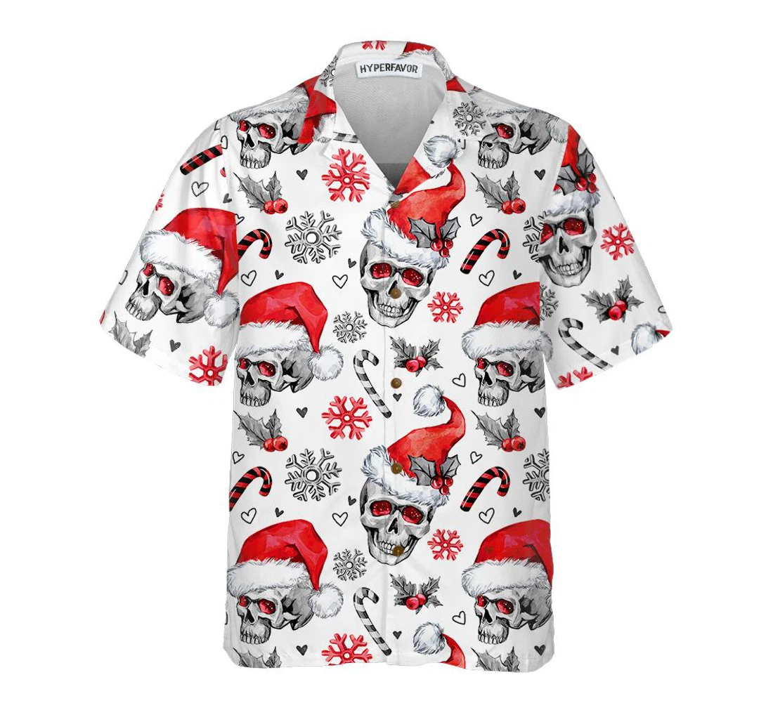 Personalized Christmas Skulls With Candy Canes White Version Christmas Skull Christmas Hawaiian Shirt, Button Up Aloha Shirt For Men, Women