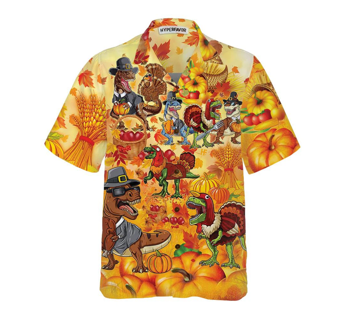 Personalized Happy Thanksgiving Dinosaurs T Rex Thanksgiving Funny Dinosaur Dinosaur Lover Hawaiian Shirt, Button Up Aloha Shirt For Men, Women