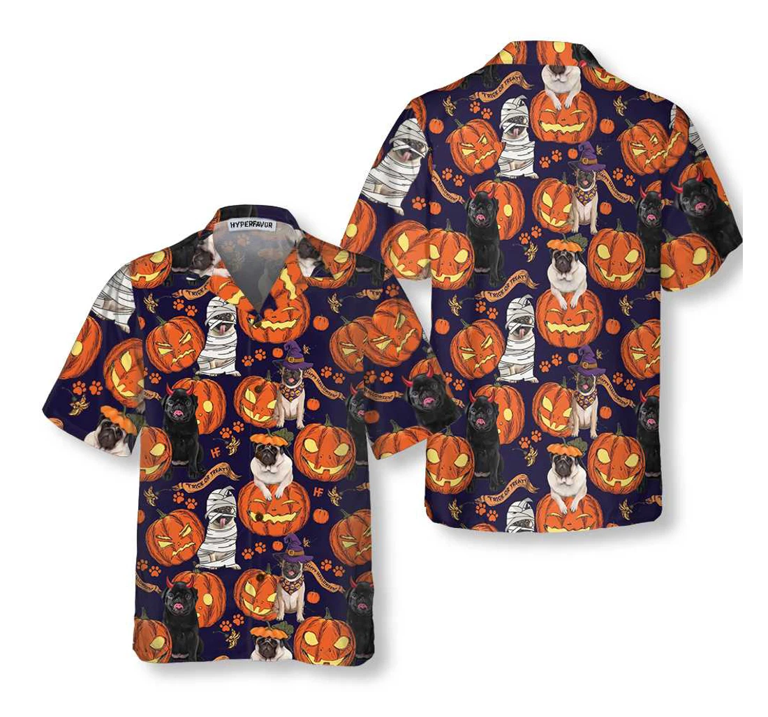 Personalized Halloween Pug Dog With Pumpkin Unique Pug Halloween Hawaiian Shirt, Button Up Aloha Shirt For Men, Women