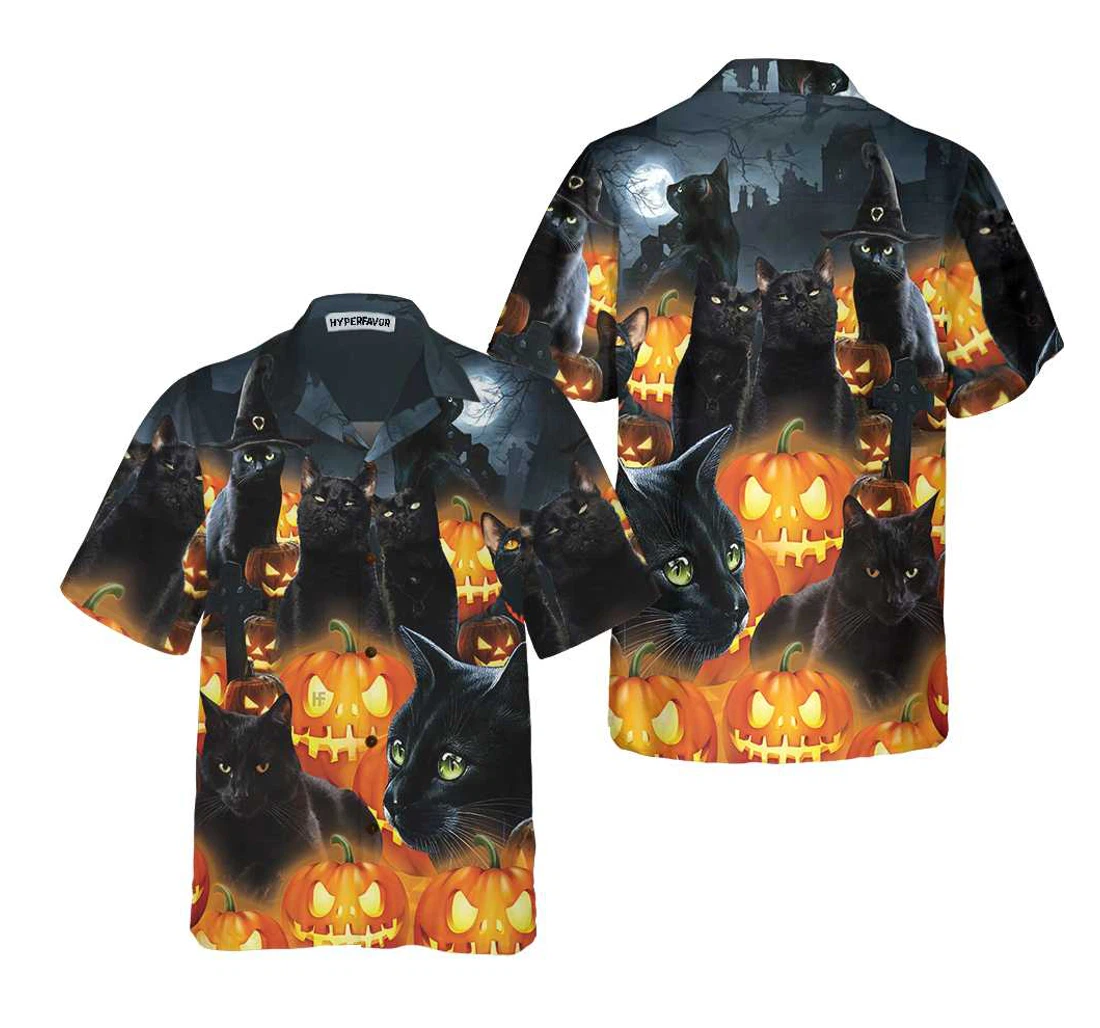 Personalized Halloween Black Cat & Pumpkin Spooky Halloween And Hawaiian Shirt, Button Up Aloha Shirt For Men, Women