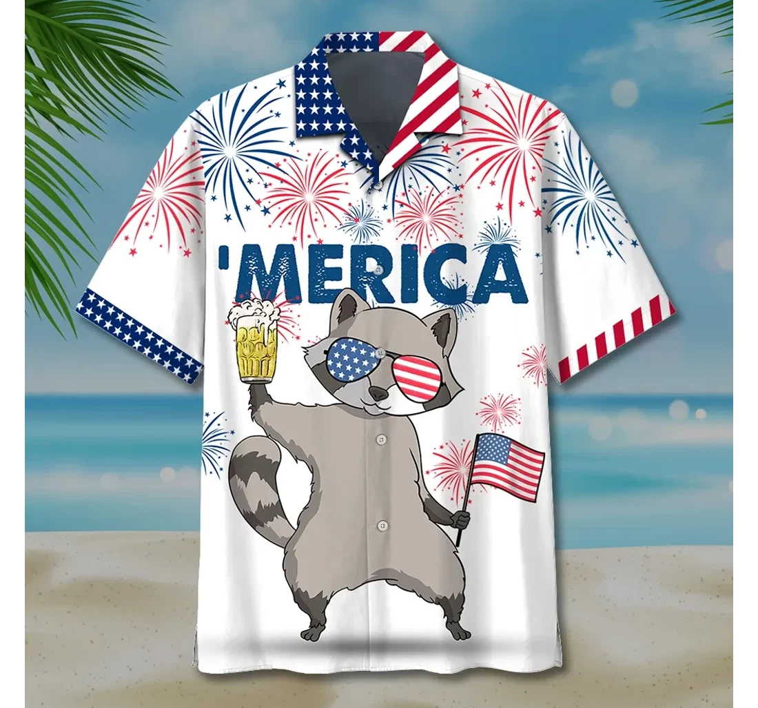 Personalized 4th July Raccoon Hawaiian Shirt, Button Up Aloha Shirt For Men, Women